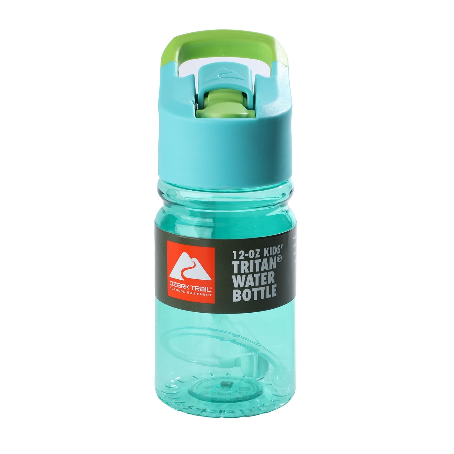 Turquoise water bottle with green cap on a white background