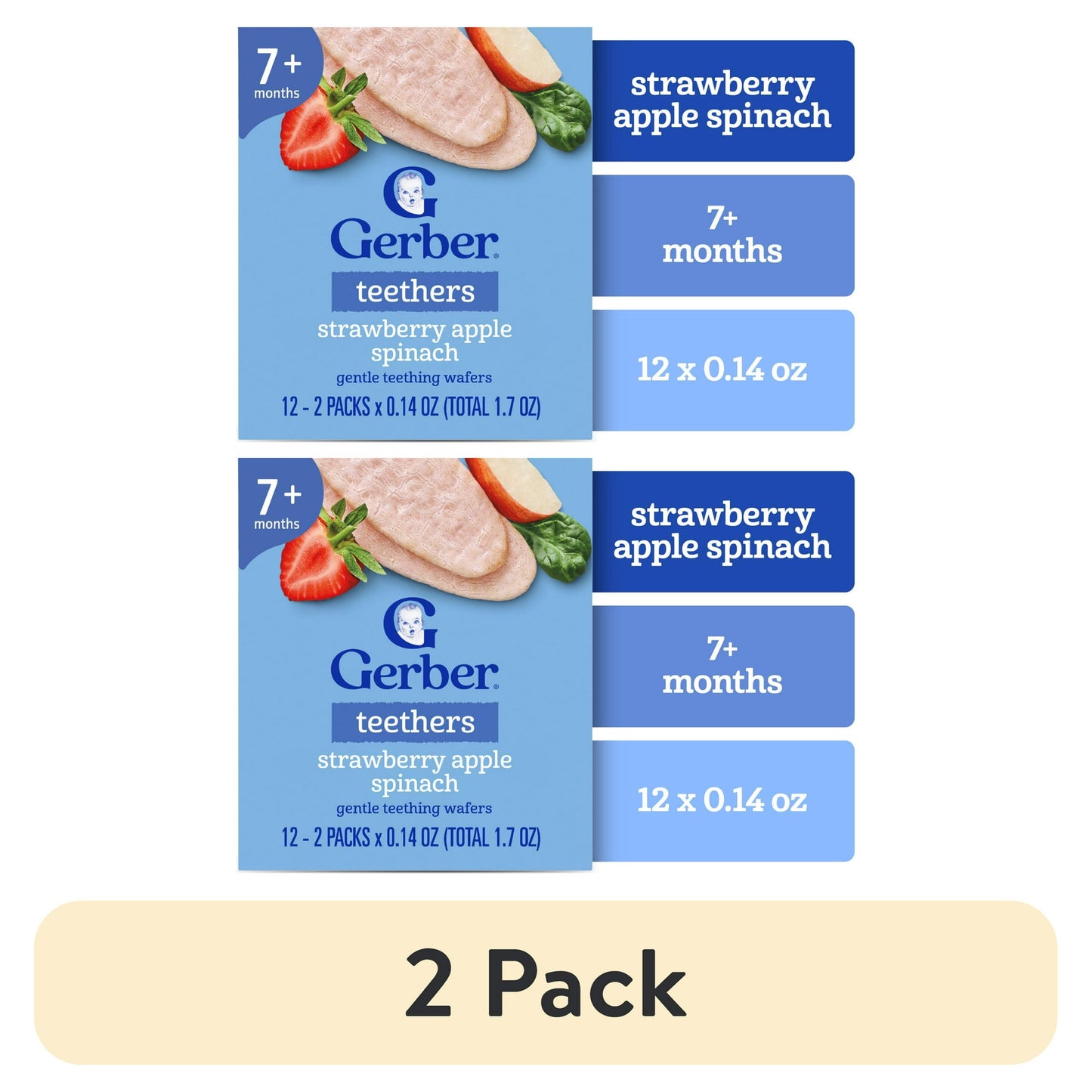 Two-pack of teething wafers with strawberry apple spinach flavor on a white background.