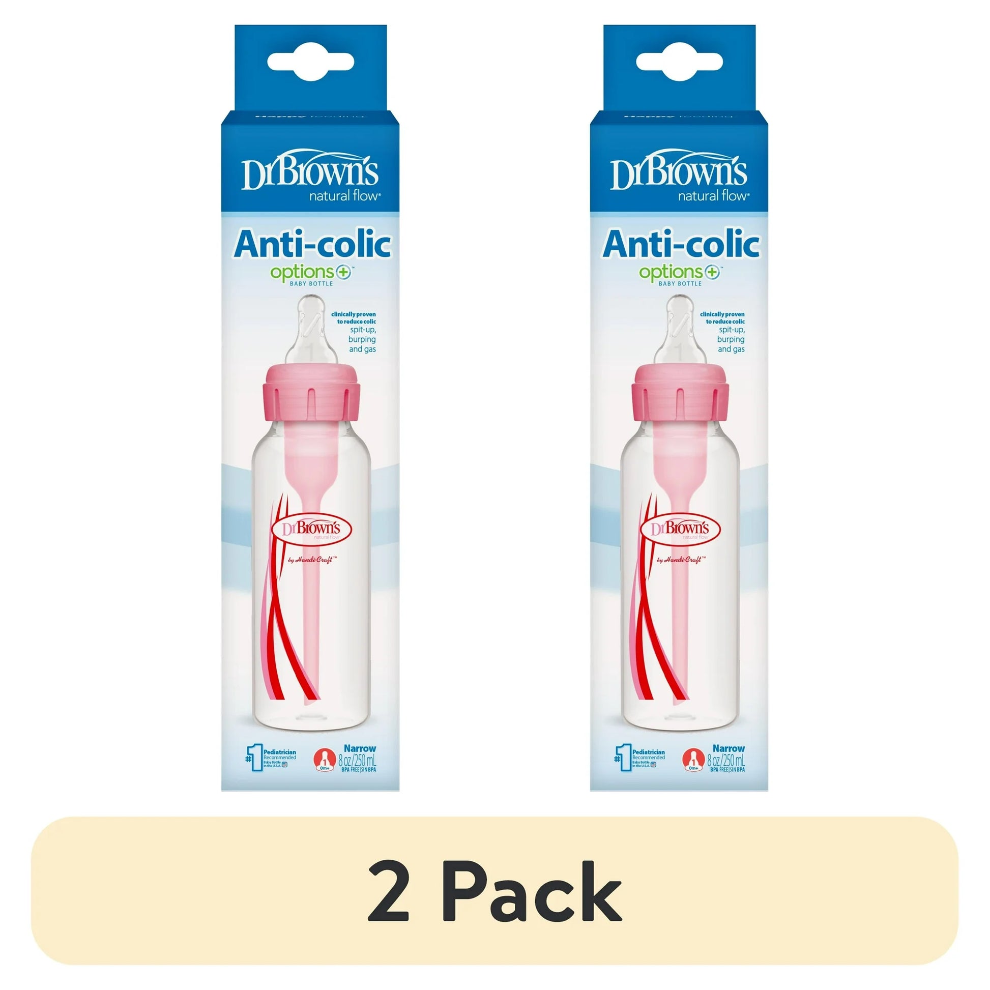 Two Anti-colic baby bottle packages with pink caps on a white background.