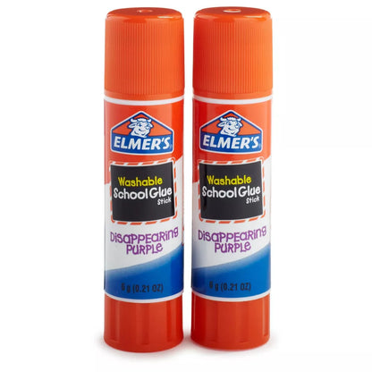 Two Elmer's Disappearing Purple school glue sticks on a white background