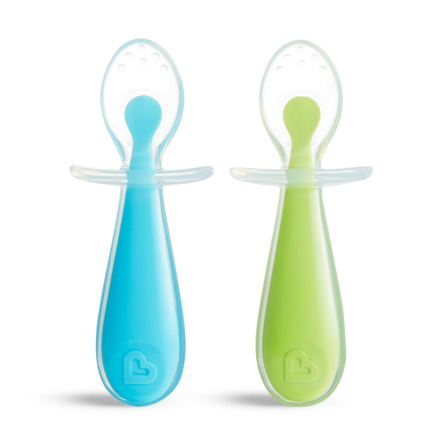 Two baby feeding spoons, one blue and one green, on a white background.