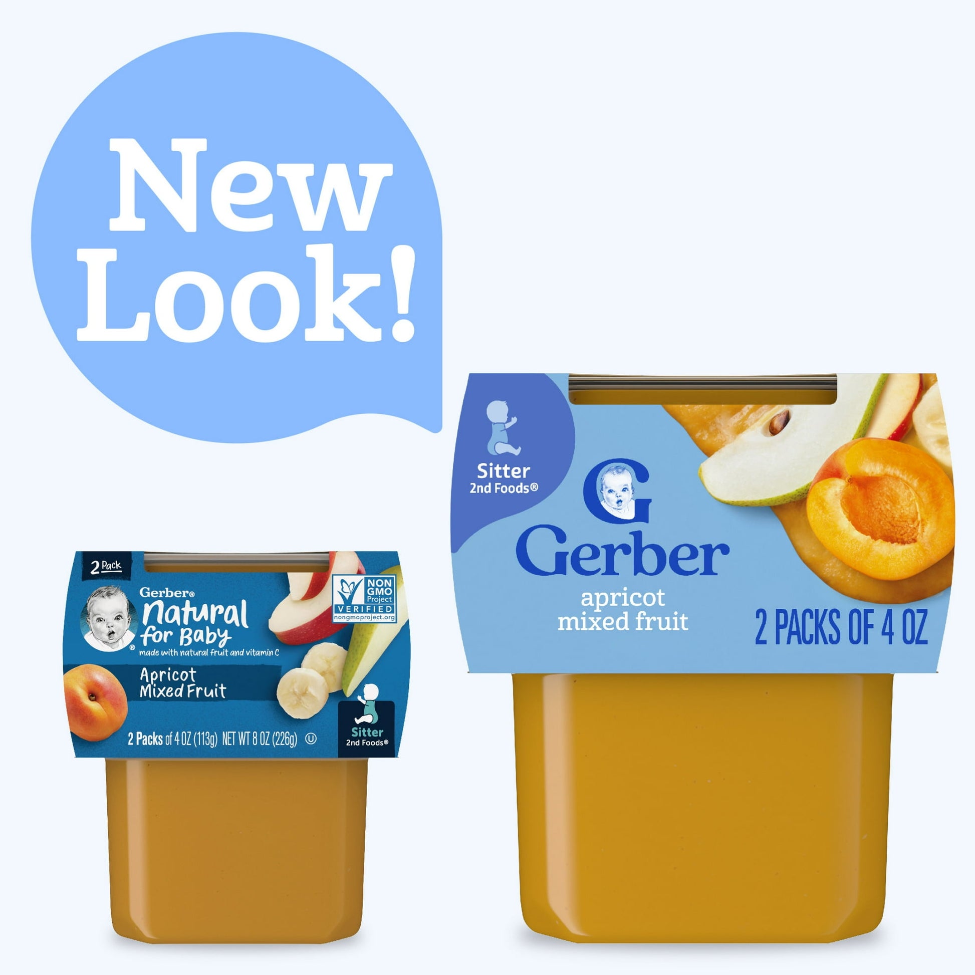 Two baby food containers with a 'New Look!' label on a white background