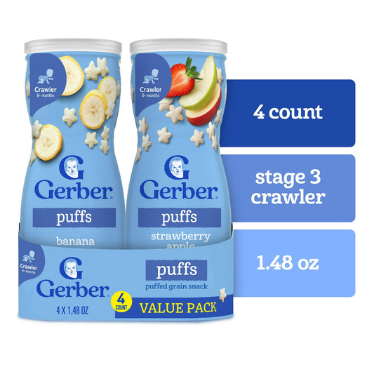 Two bottles of Gerber Puffs with banana and strawberry apple flavors on a white background.