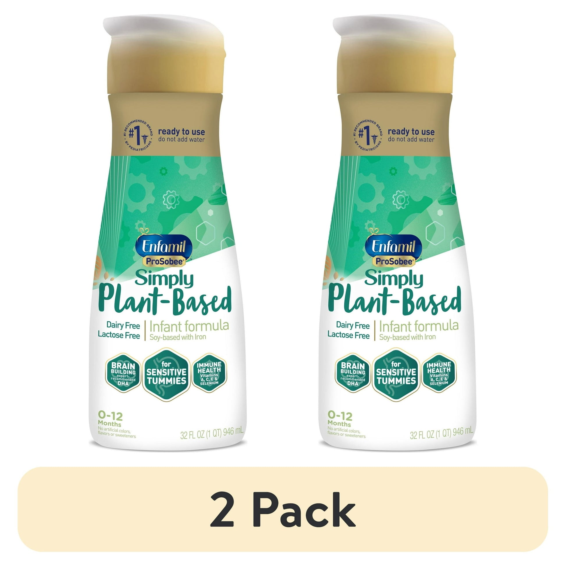Two bottles of Plant-Based Infant formula on a white background