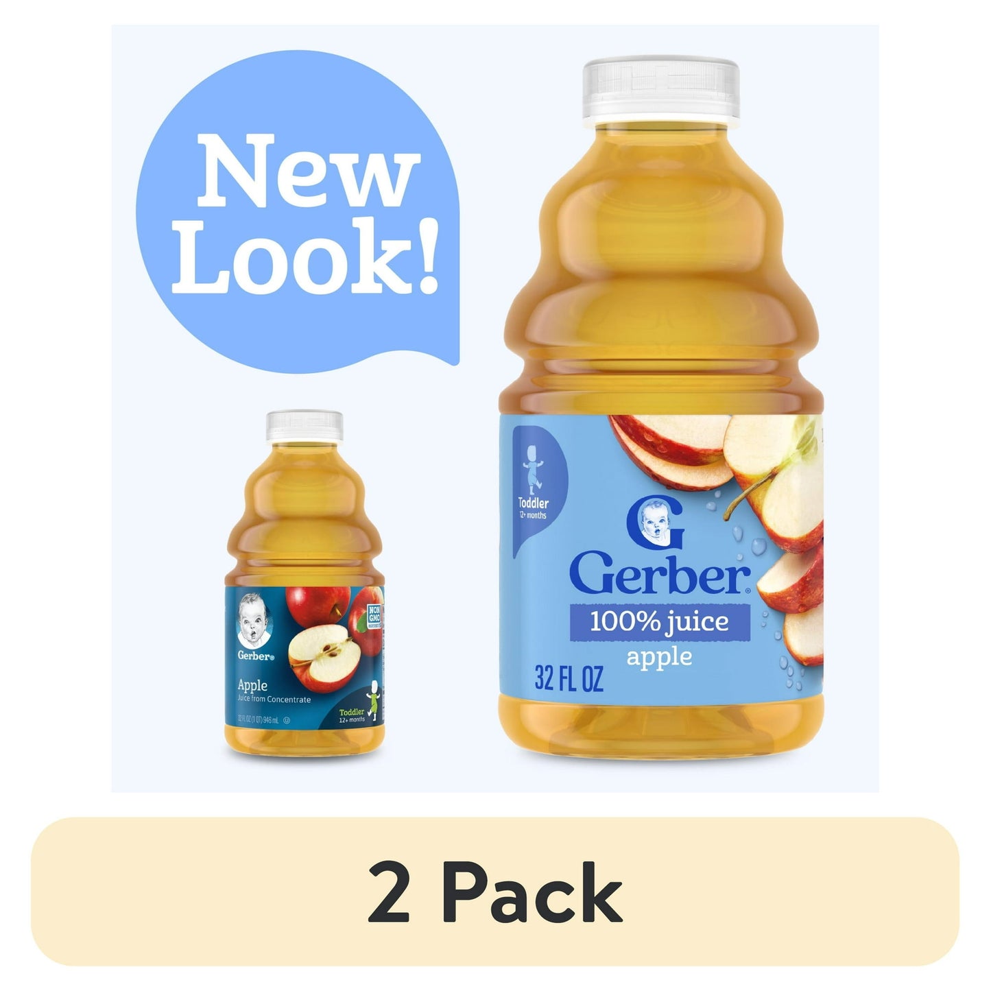 Two bottles of 100% apple juice with a 'New Look!' label and '2 Pack' text on a white background.