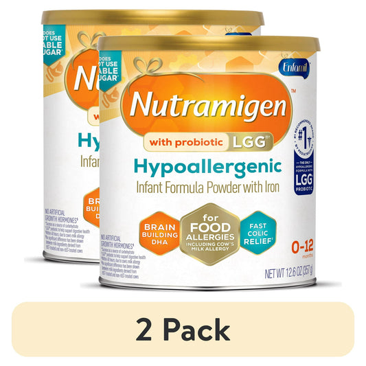 Two cans of Hypodallergenic infant formula powder on a white background