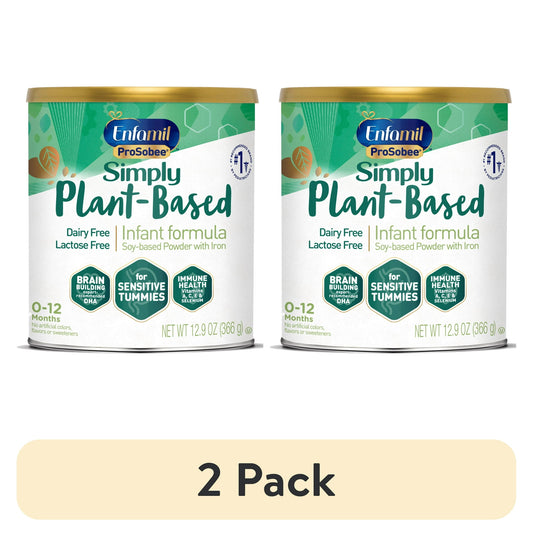 Two cans of Plant-Based infant formula on a white background
