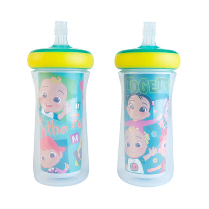 Two children's sippy cups with cartoon characters on a white background