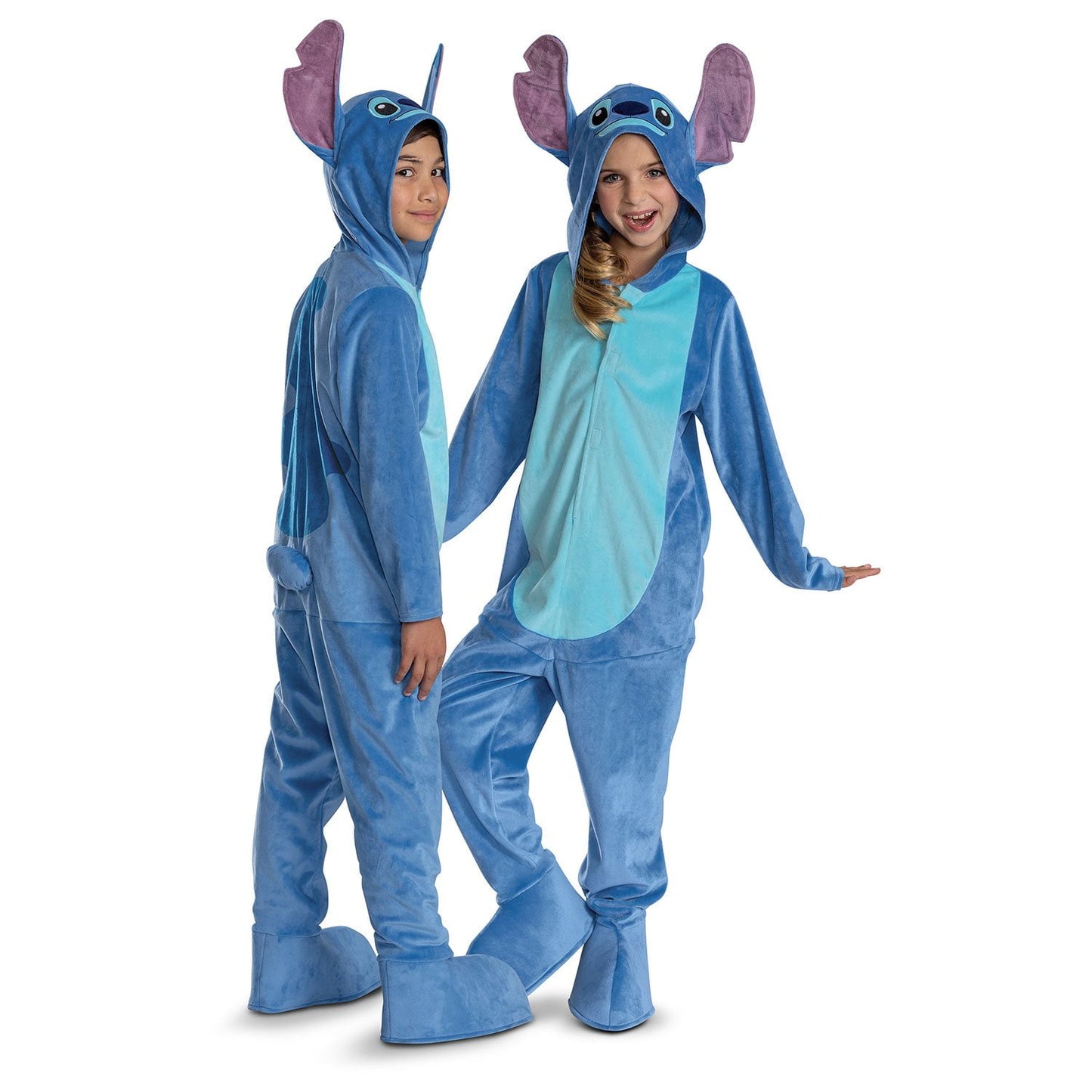 Two children wearing blue cartoon character Halloween costumes on a white background
