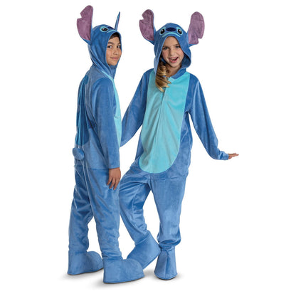 Two children wearing blue cartoon character Halloween costumes on a white background