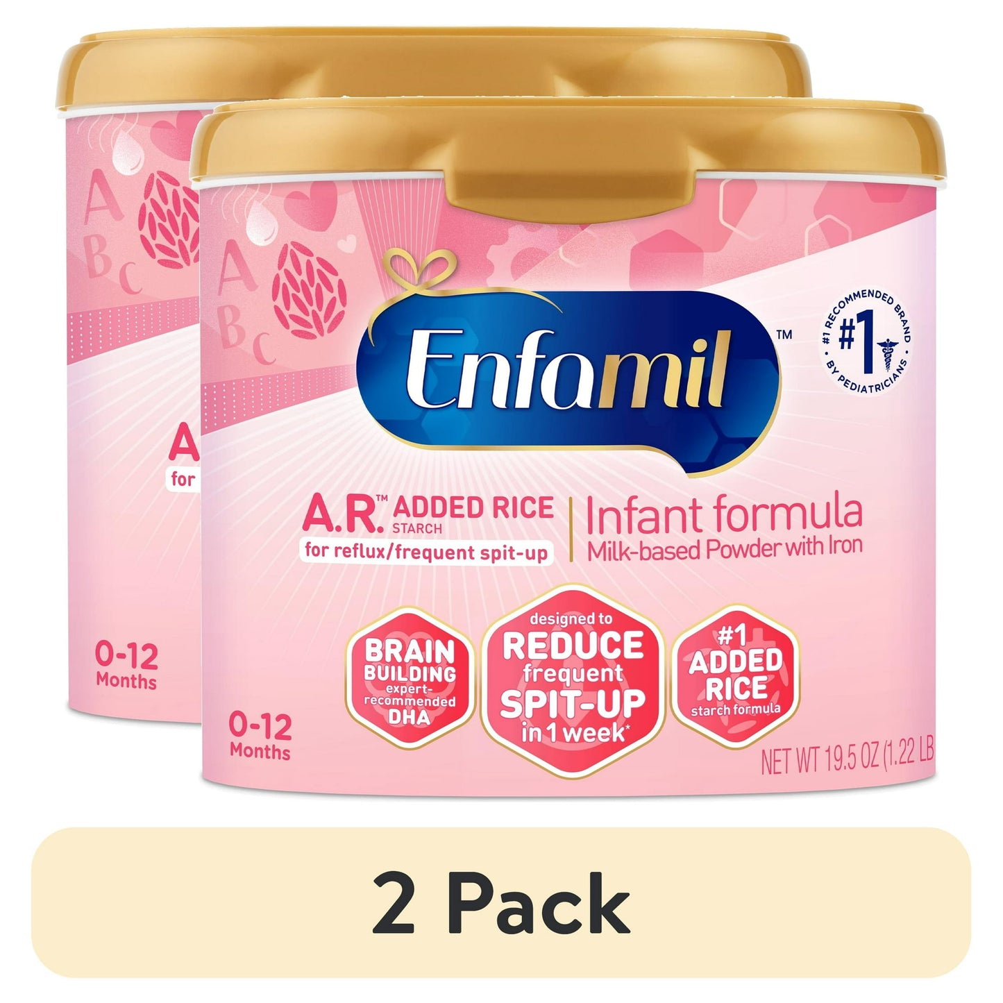 Two containers of Added Rice Infant Formula with pink and gold design.