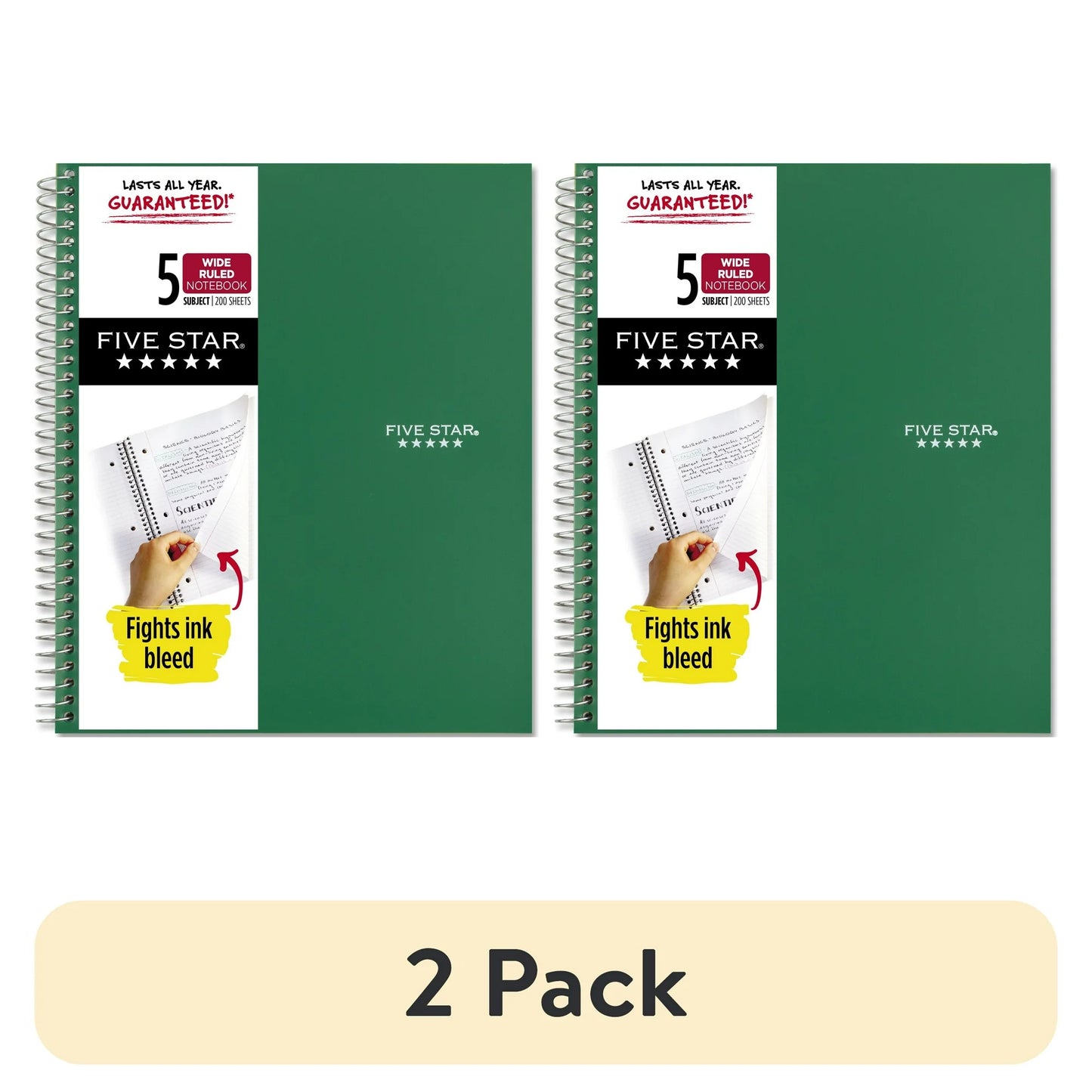 Two green notebooks with promotional text on a white background