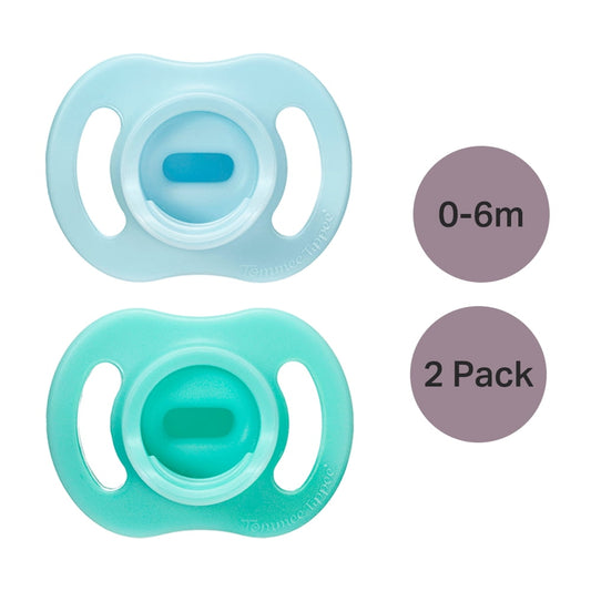 Two pacifiers, one light blue and one teal, with size and pack information on a white background.