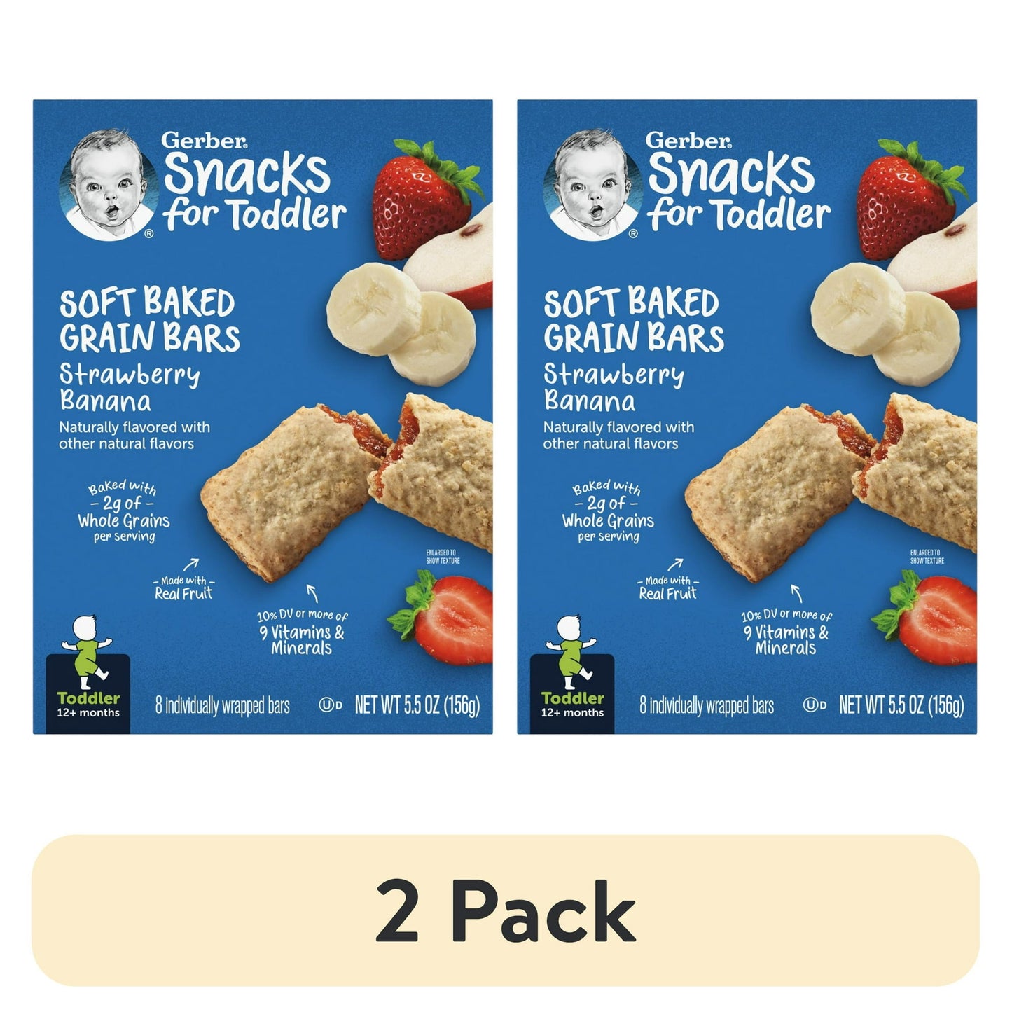 Two packages of Snacks for Toddler Soft Baked Grain Bars with strawberry and banana flavor on a white background.