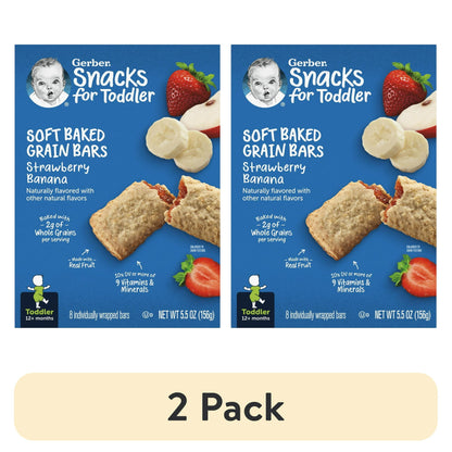 Two packages of Snacks for Toddler Soft Baked Grain Bars with strawberry and banana flavor on a white background.