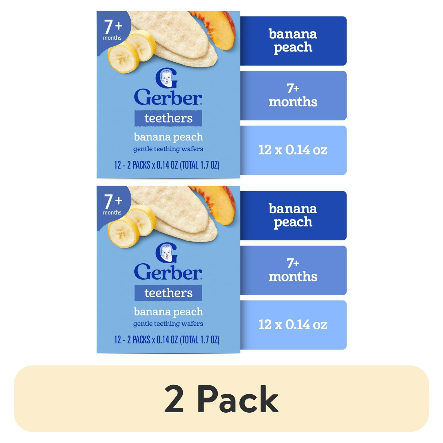 Two packs of banana peach teething wafers for 7+ months on a white background.