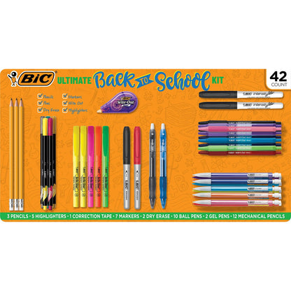 Ultimate Back to School Kit packaging with various school supplies on an orange background