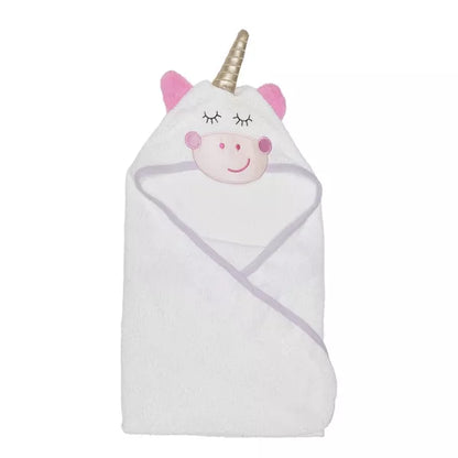 Unicorn-shaped hooded towel on a white background