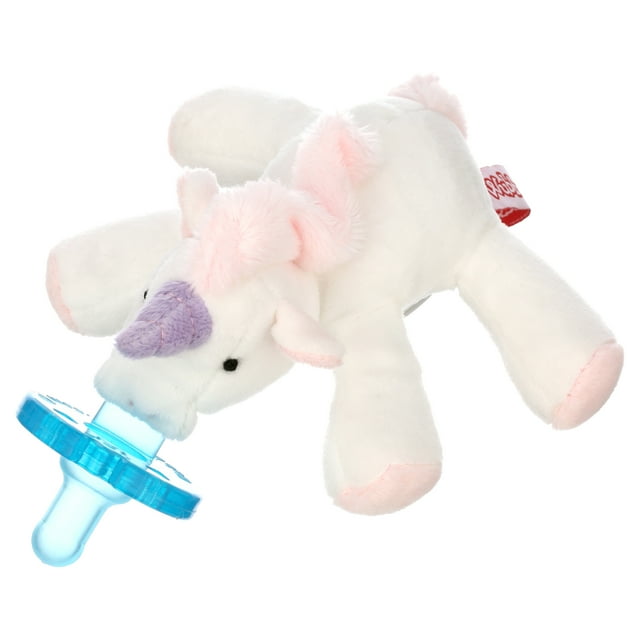 Unicorn plush toy with a blue pacifier on a white background