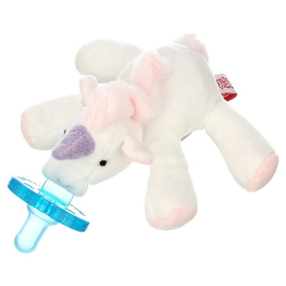 Unicorn plush toy with a blue pacifier on a white background