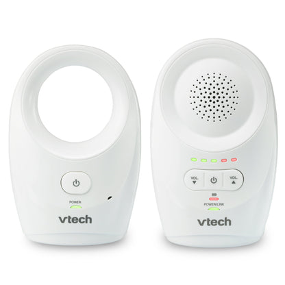 Two white audio units for monitoring, one parent unit with controls and one baby unit