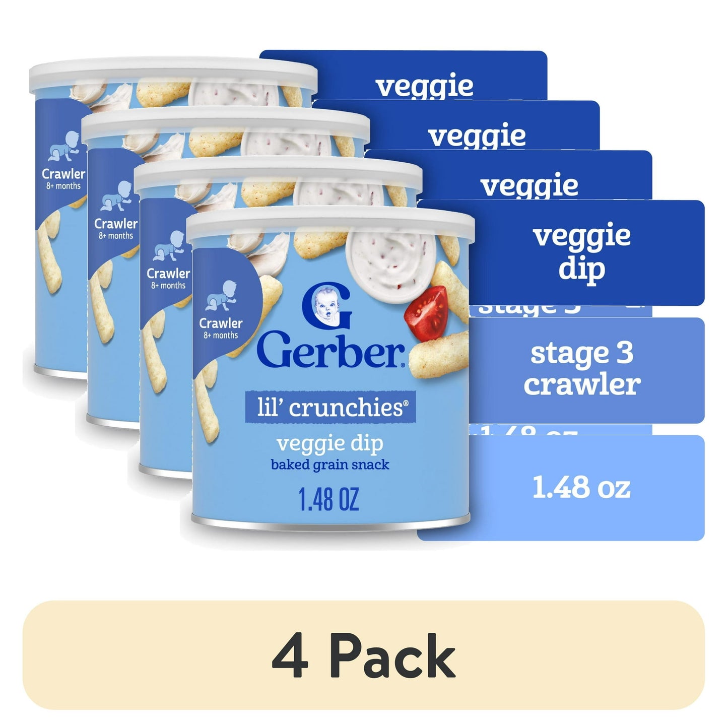 Veggie – 4-pack of 1.48 oz canisters of baked snack sticks for toddlers.