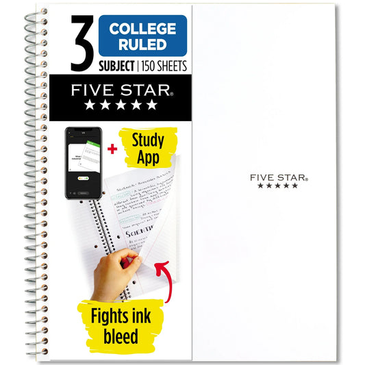 Five Star 3 Subject College Ruled Notebook Plus Study App, 8.5" x 11", White, Poly, Spiral, 150 Sheets