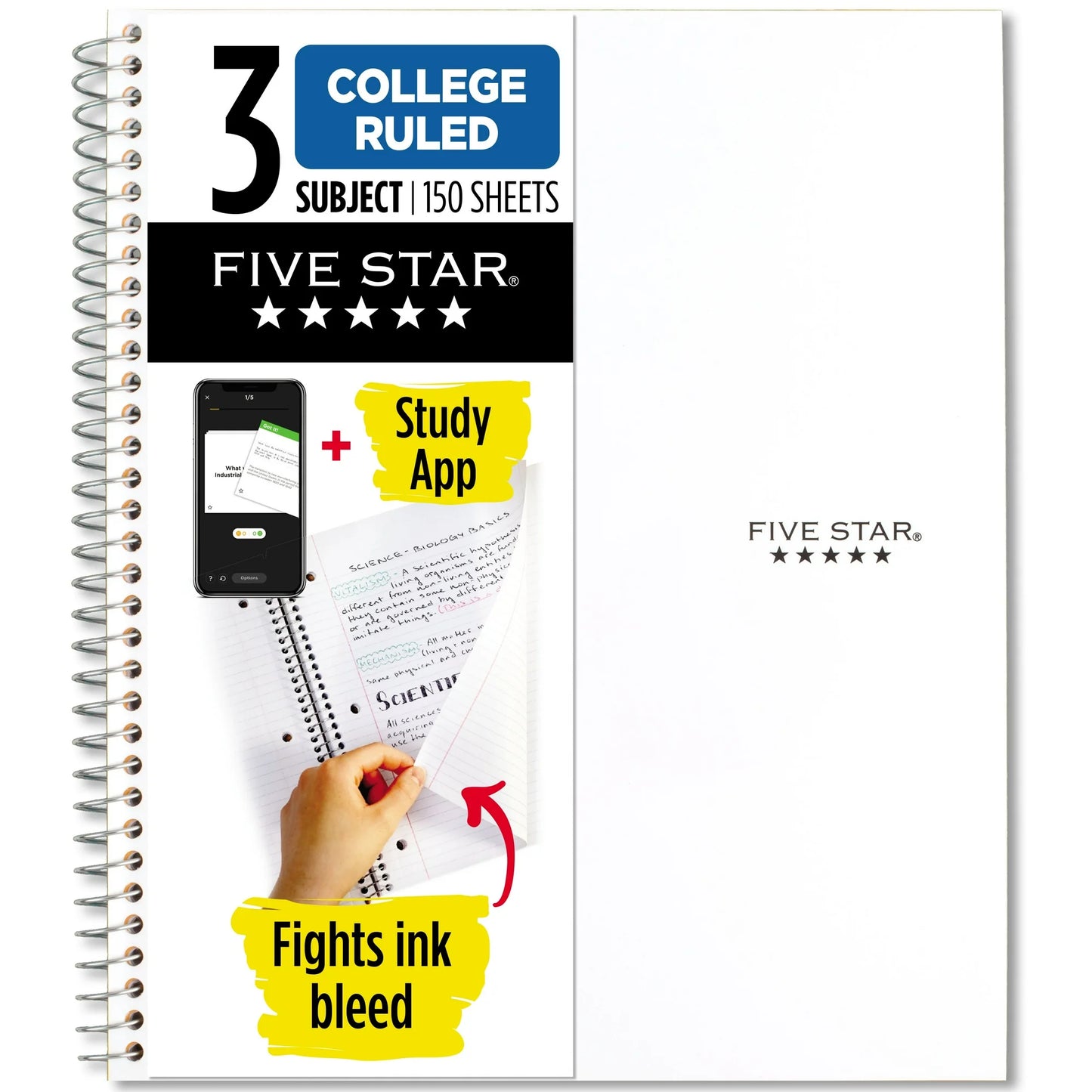 Five Star 3 Subject College Ruled Notebook Plus Study App, 8.5" x 11", White, Poly, Spiral, 150 Sheets