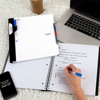 Five Star Advance 5 Subject College Ruled Notebook Plus Study App, 8.5" x 11", White, Poly, Spiral, 200 Sheets