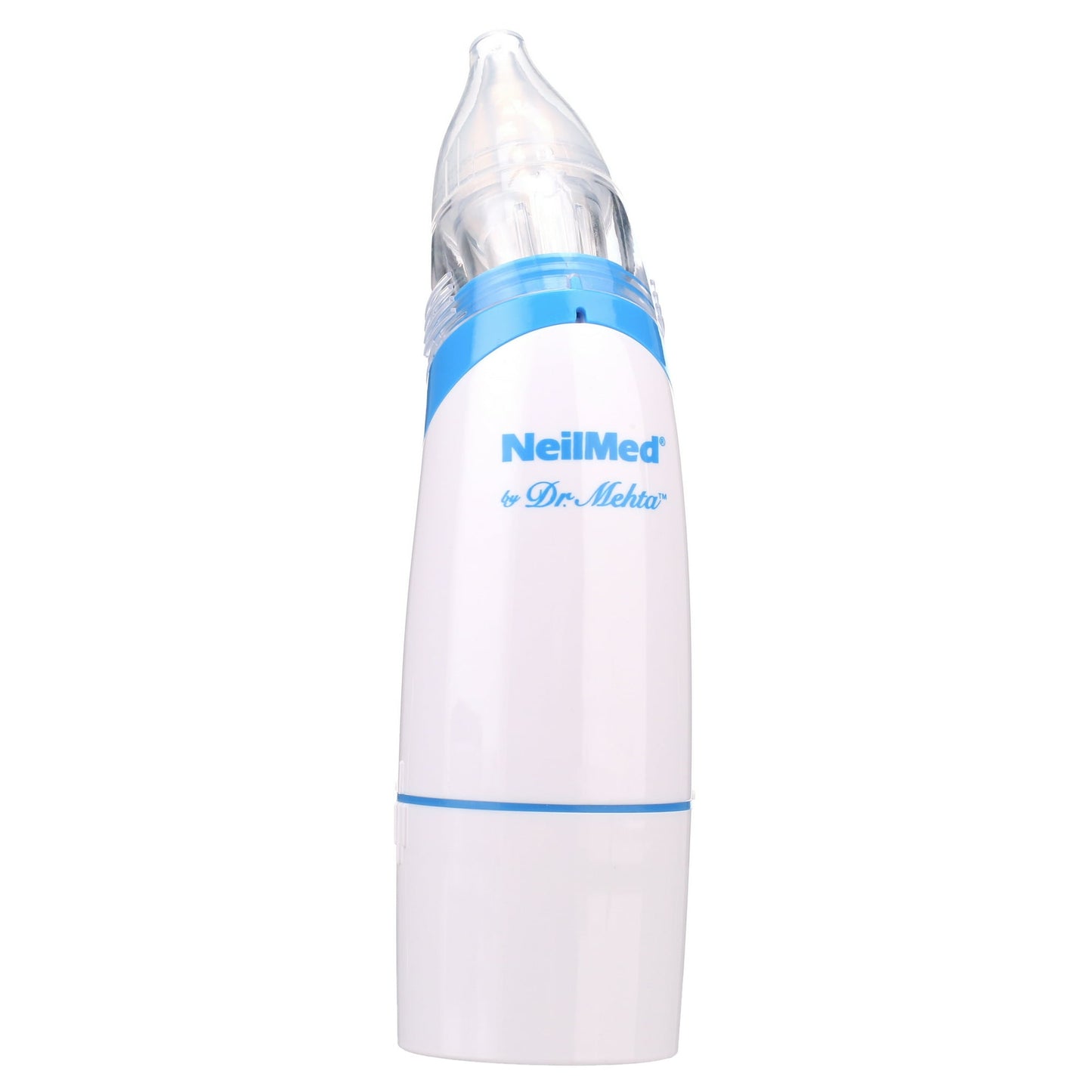 White and blue nasal spray device on a white background