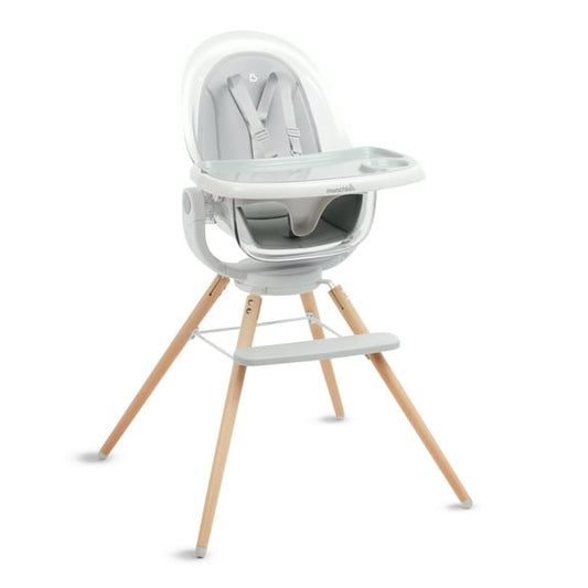 White and gray high chair with wooden legs on a white background
