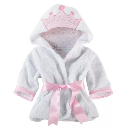White baby robe with pink accents and a crown design on a white background