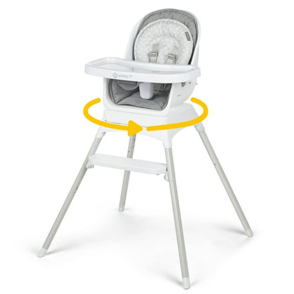 White high chair with gray cushion and yellow safety ring on a white background