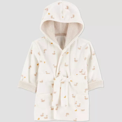 White hooded robe with duck pattern on a light gray background