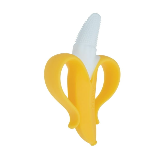 Yellow banana-shaped baby teether toy with a white handle on a white background