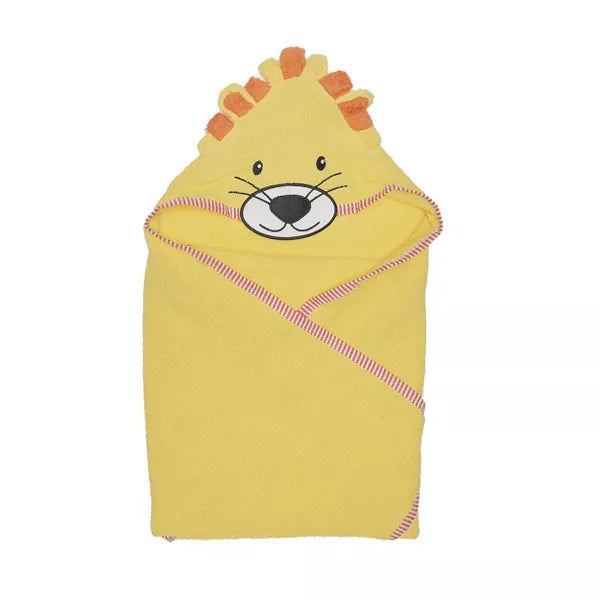 Yellow lion-shaped hooded towel on a white background