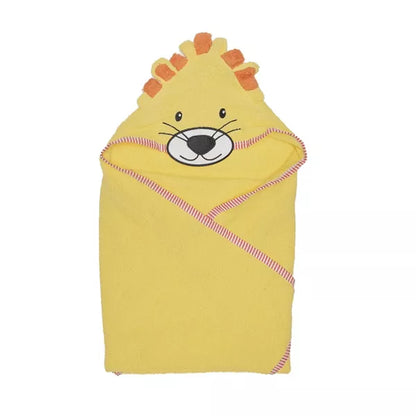 Yellow lion-shaped hooded towel on a white background