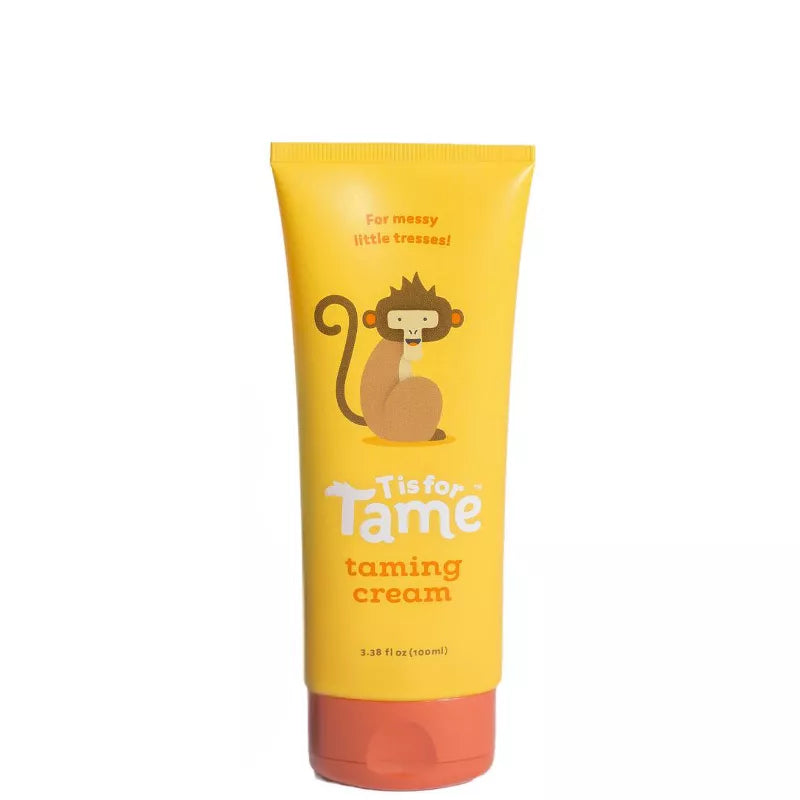 Yellow tube of hair taming cream with a monkey illustration on a white background
