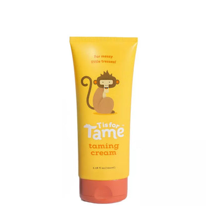 Yellow tube of hair taming cream with a monkey illustration on a white background