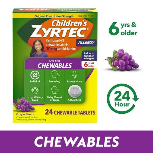 Childrens Zyrtec 24 Hr 10 mg Allergy Chews for Ages 6+, Grape, 24 Count