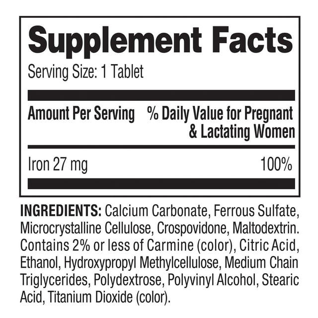 Spring Valley Iron Prenatal Health Dietary Supplement Tablets, 27 mg, 250 Count