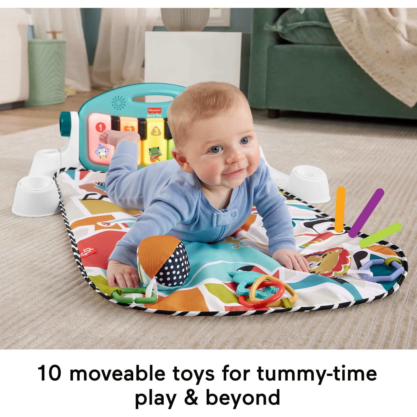 Image displaying a baby with a Baby activity play set and text about it's details