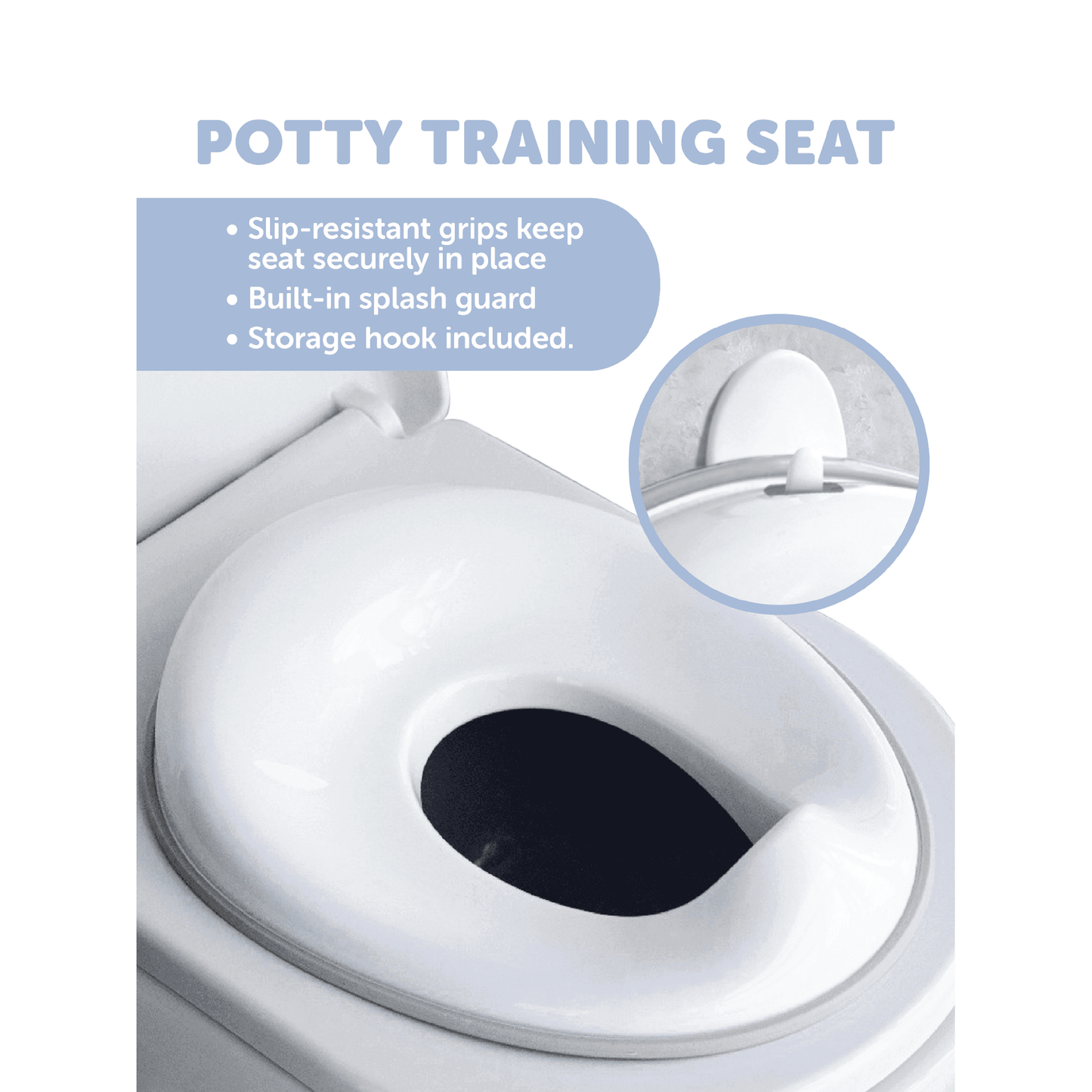 White potty training seat on a toilet, featuring slip-resistant grips, splash guard, and storage hook