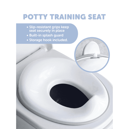White potty training seat on a toilet, featuring slip-resistant grips, splash guard, and storage hook
