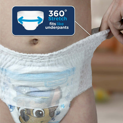 Child wearing a training pant, highlighting 360° stretch for an underpants-like fit