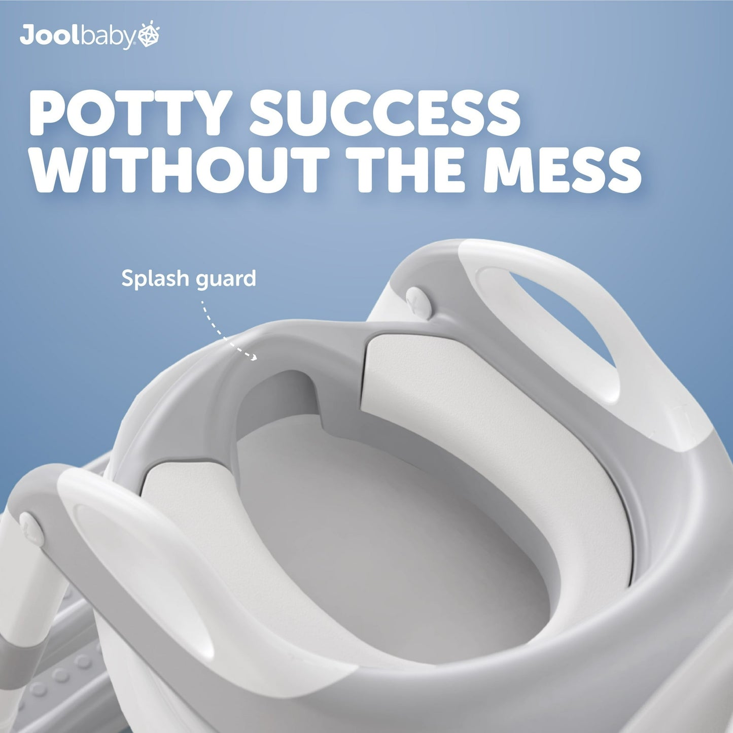 A close-up view of a grey and white potty training seat with a splash guard