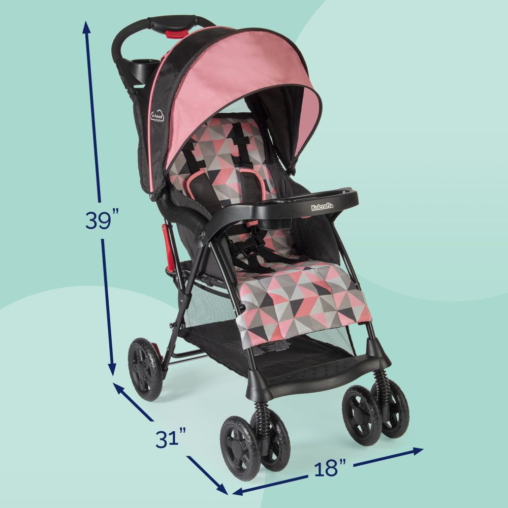 Image displaying a baby stroller with text about it's details