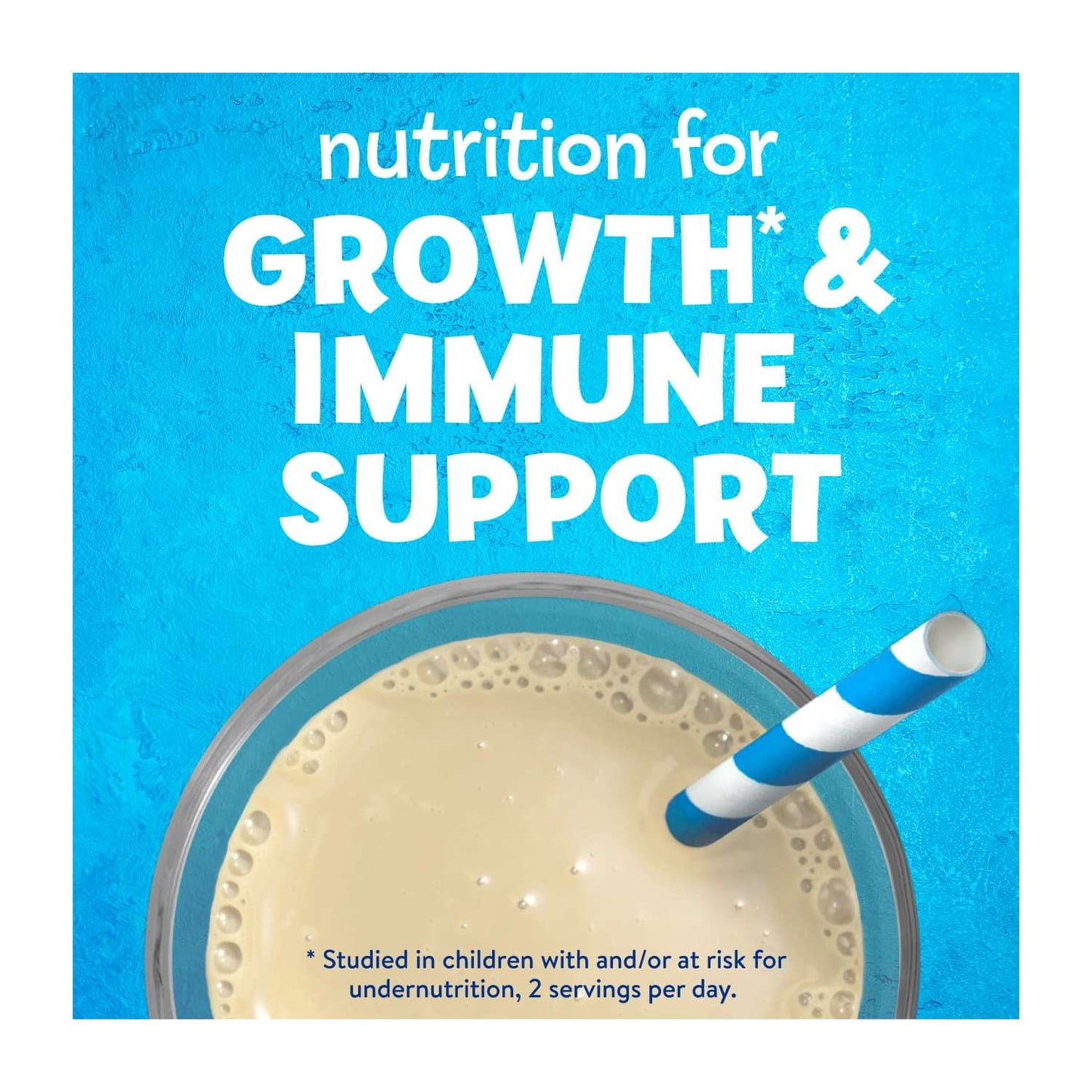 A glass of nutritional shake with a straw, promoting growth and immune support