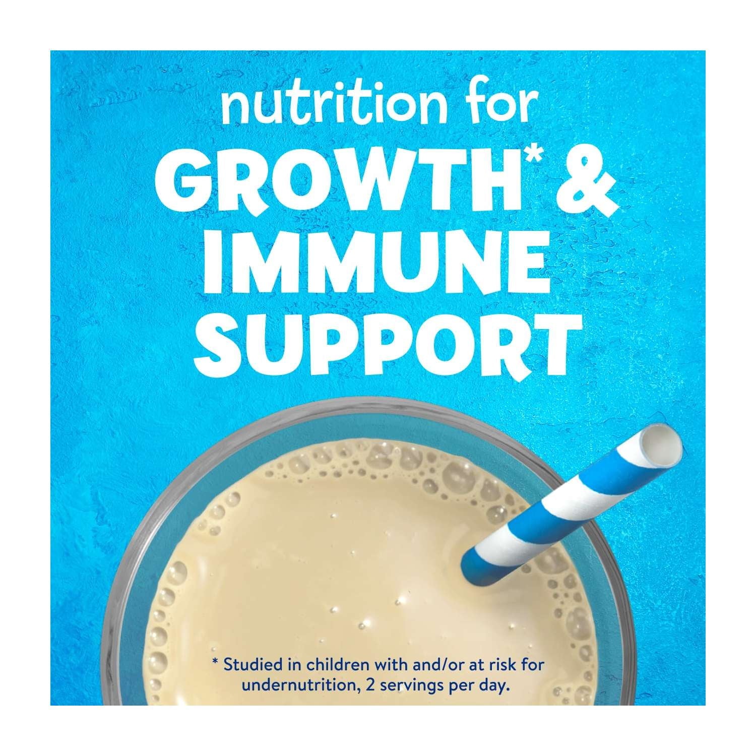 A glass of nutritional shake with a straw, promoting growth and immune support