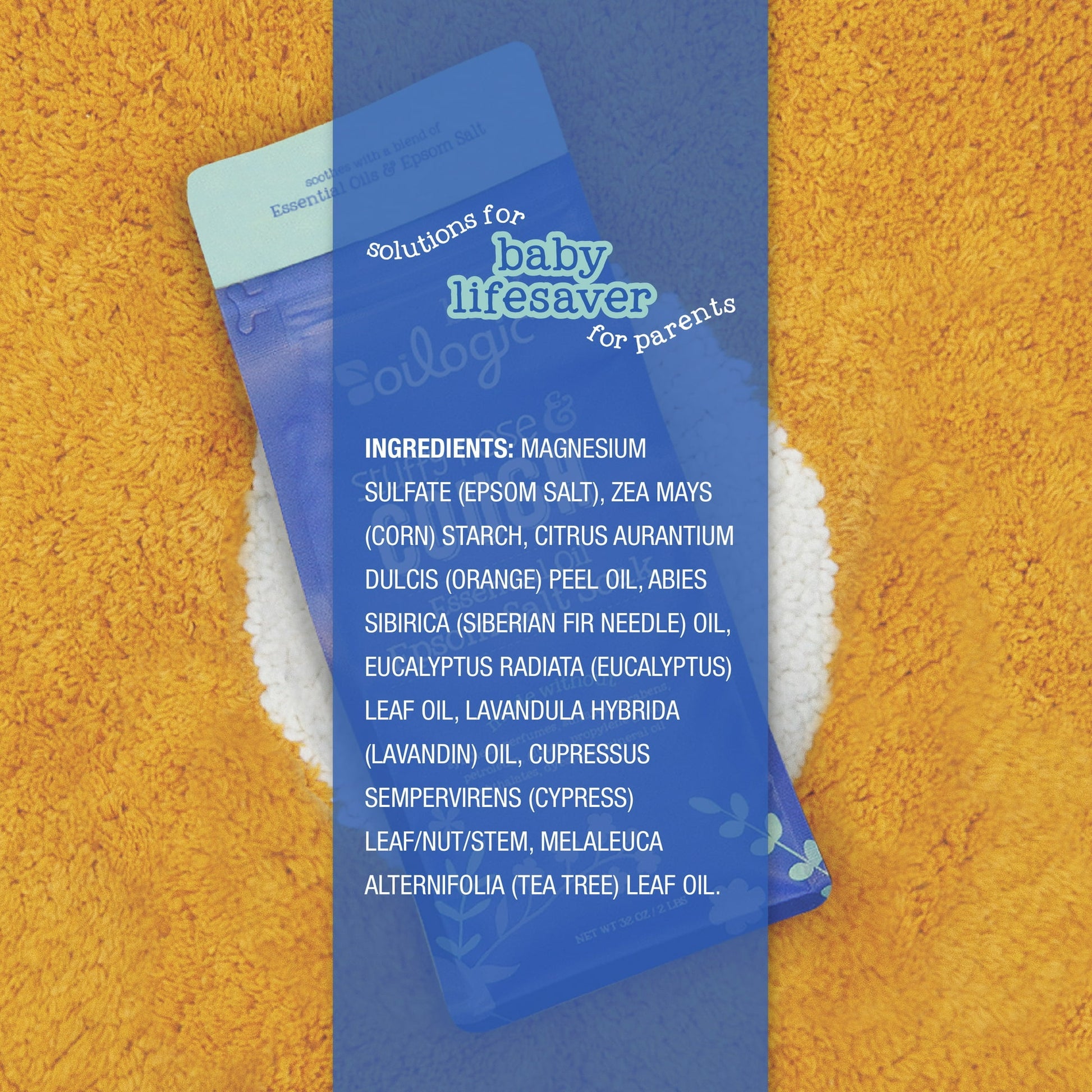 Image displaying a baby with text and a gentle relief product made to support comfort and wellness during flu